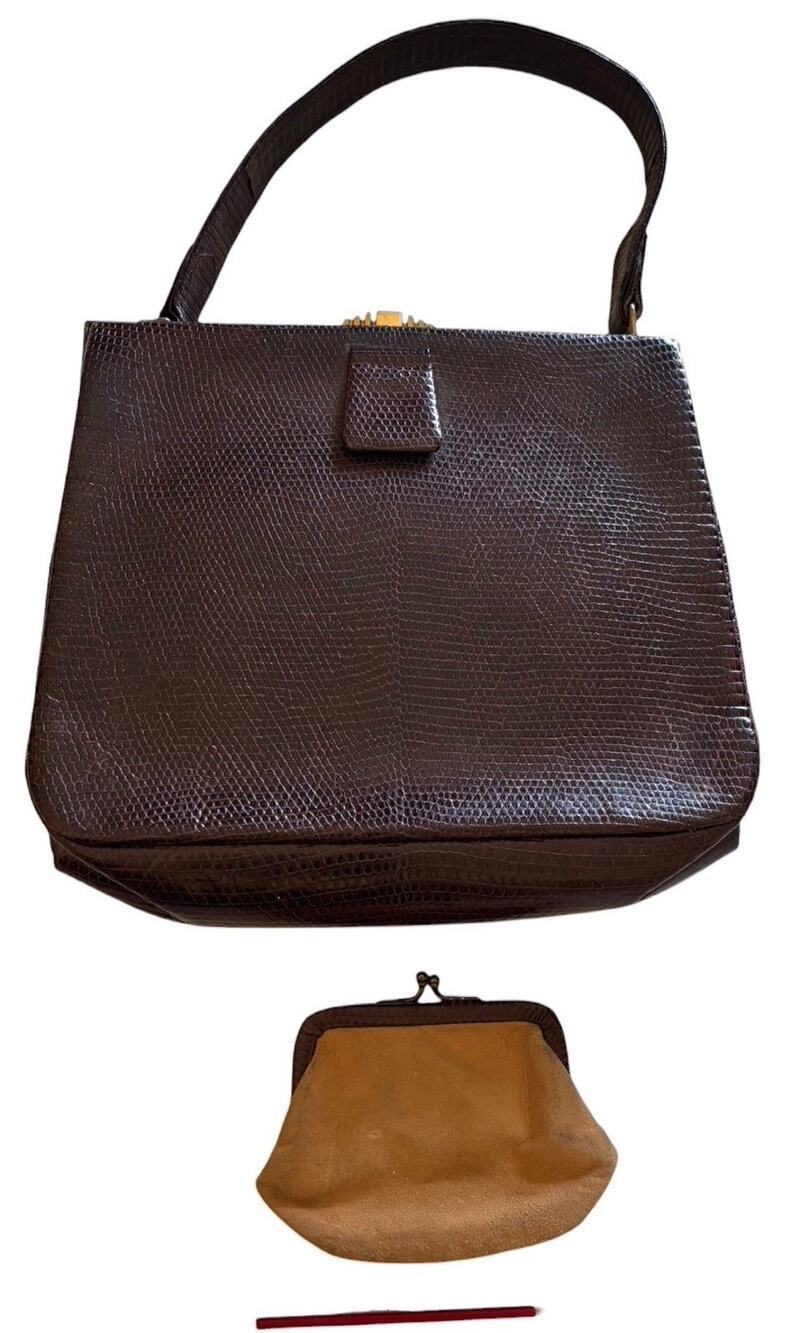 Harrods London Hand Bag Purse Genuine Lizard Reptile Skin Leather Coin Pencil